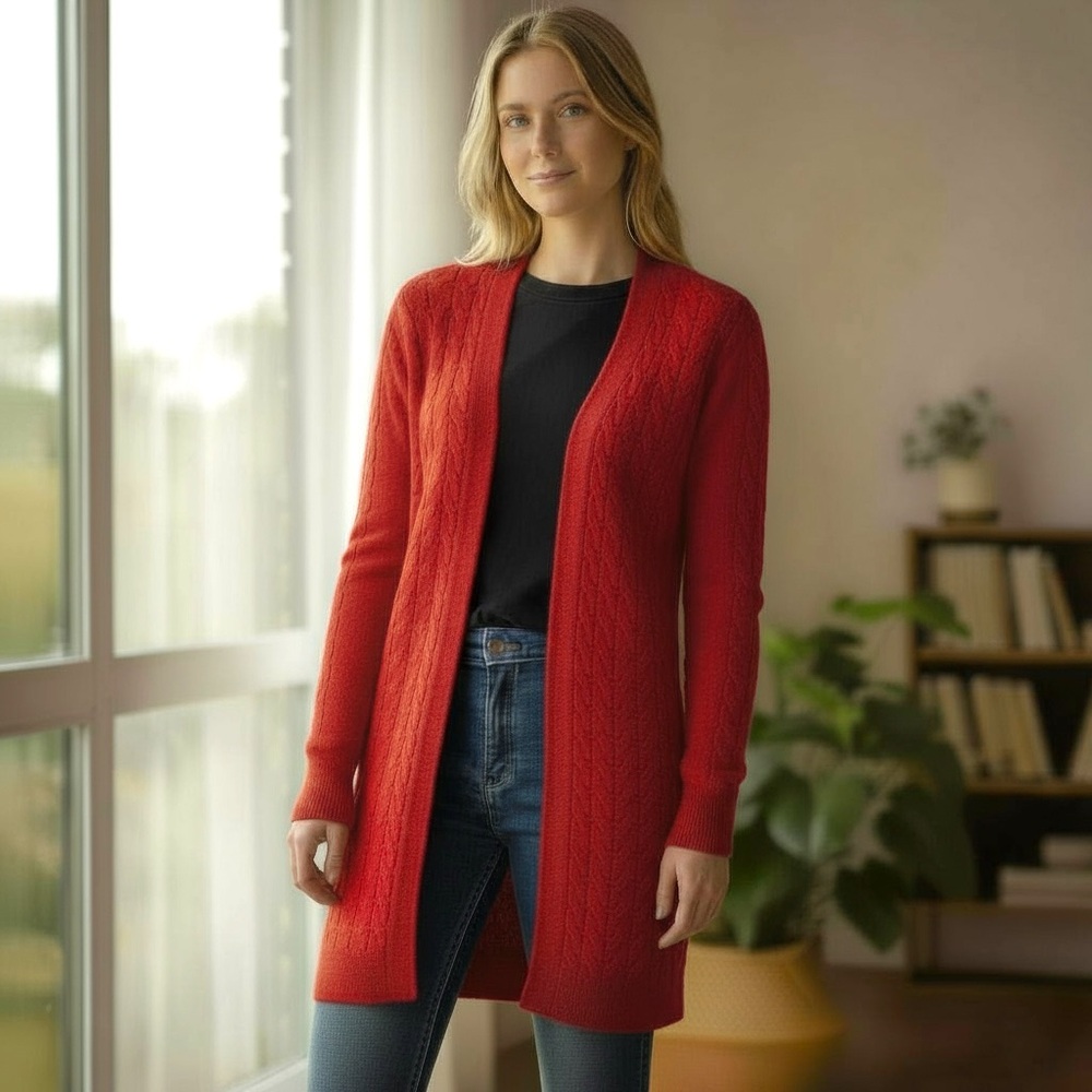 Red 100% Cashmere Cable Knit Cardigan Lightweight Sweater Open Front Long Slim S